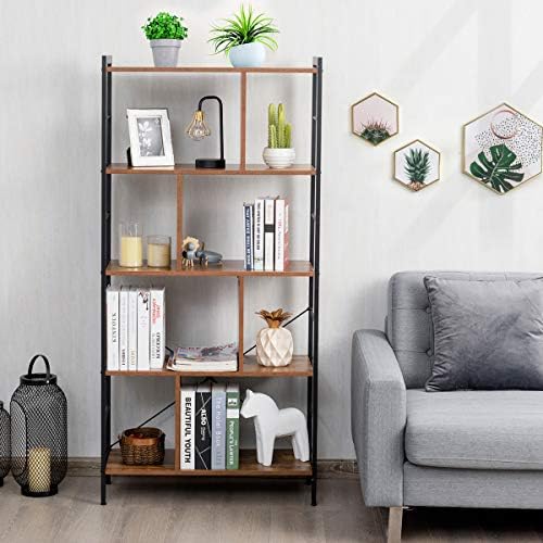 Giantex 5-Tier Bookshelf, Industrial Style Bookcase with Metal Frame, Free Standing Storage Display Shelves, Home Office