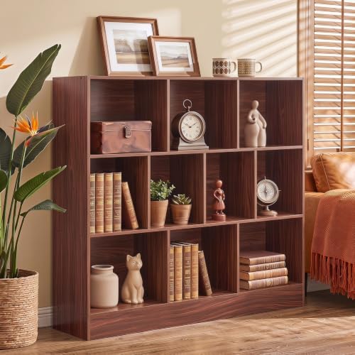 YAHARBO 3 Tier 10 Cube Long Horizontal Bookshelf,Under Window Shelf,Walnut