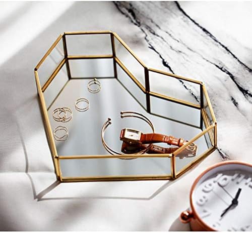 Heart-Shaped Vintage Gold Mirror Glass Vanity Tray,Ornate Geometric and Brass Plated Display Storage Organizer for Makeu