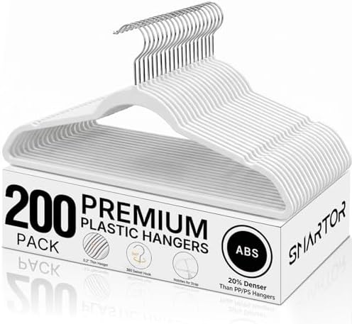 SMARTOR Plastic Hangers 200 Pack - Thin Hangers for Space Saving - White