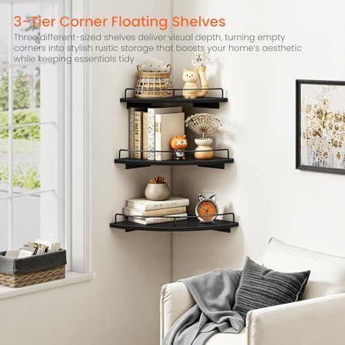 Homode 3 Tier Corner Floating Shelves, Wooden Corner Shelf Wall Mount 9/10/12 Inch with Guardrail, Rounded Hanging Corne