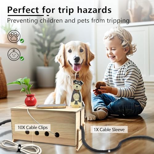 Large Wood Cable Management Box, Natural Cord Organizer 14.2"
