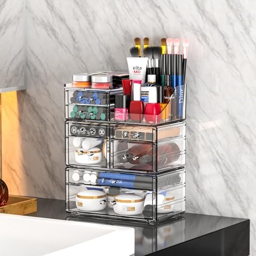 Cq acrylic Clear Make up Organizers for Vanity,Skincare Organizer With 8 Drawers for Dresser,Plastic Cute Desk Accessori