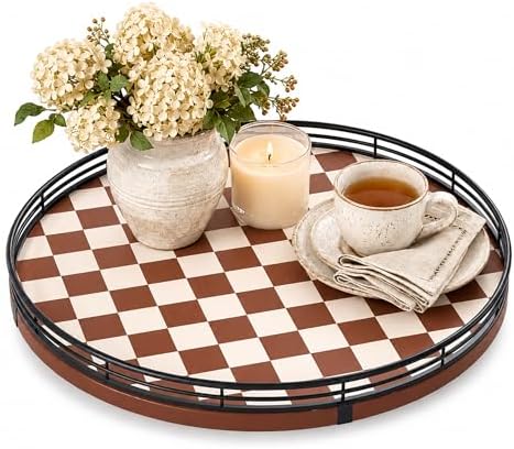 AMH 13-Inch Brown White Checkerboard Lazy Susan with Black Metal Rail