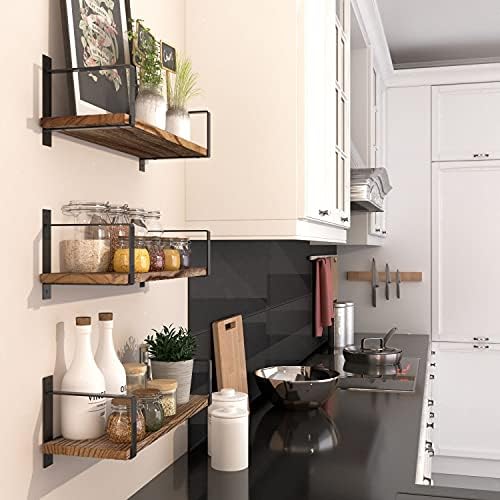 Wallniture Toledo Floating Shelves for Living Room Decor, Floating Bookshelf Set of 3, Burned Finish Rustic Wood Wall Sh