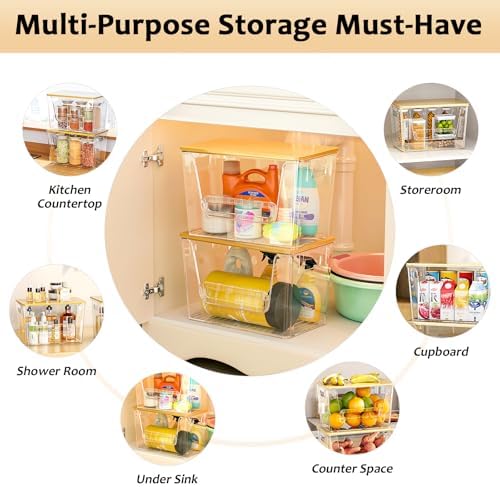 Delamu 3 Pack Pantry Organizers and Storage,Trash Bag Dispenser with Bamboo Top,Stackable Trash Bag Dispenser Under Sink