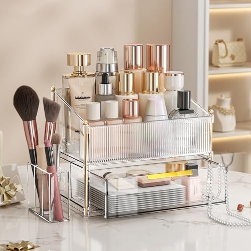 INVSSENE Stackable Makeup Organizer Countertop, Storage Perfume Skincare Cosmetic Lipstick Face Mask Makeup Brush Palett