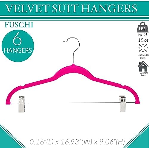 Simplify 6 Pack Slim Velvet Hangers with Skirt or Pant Clips, Space Saver, Prevent Garment Creases, Swivel Neck, Durable, Fuchsia