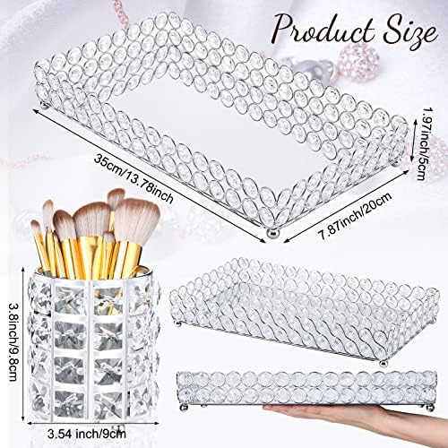 Potchen 3 Pcs Crystal Vanity Tray Mirrored Makeup Brush Holder, Square
