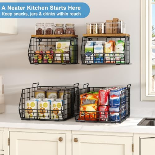 Potato and Onion Storage Bin with Wooden Top, 2-Tier Stackable Wire Basket