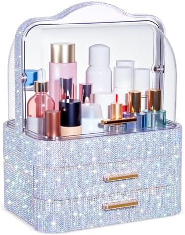 Honeydak Rhinestone Makeup Organizer with 2 Drawers Lid, Silver, Rhinestone