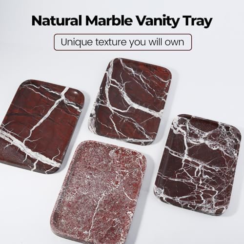 Marble Vanity Tray, 11.8in Stone Bathroom Tray for Countertop, Red Decorative Tray for Dresser Organizer, Luxury Serving