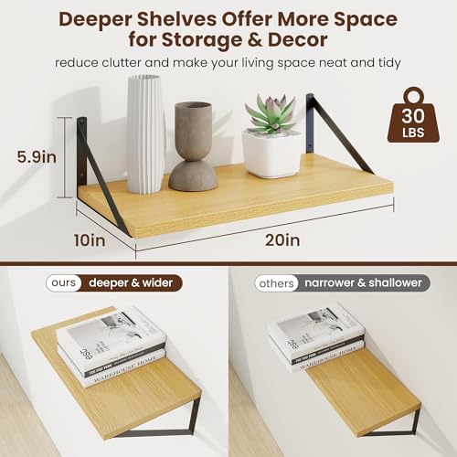 Axeman 20 Inch Floating Shelves, 10 Inch Deep Oak Wall Shelves Set of 2