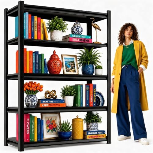 PRESTELION 5-Tier Metal Bookshelf, No Assembly, Adjustable Tall Bookcase