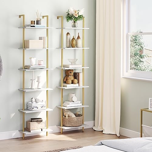 HOOBRO DIY Ladder Shelf, 6-Tier Wooden Wall Mounted Bookshelf, Narrow Gold Bookcase, Display Shelf, Storage Rack, Plant 