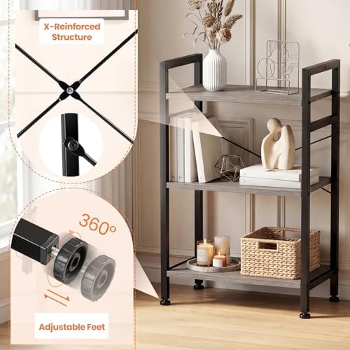 Sweetcrispy 3 Tier Bookshelf, Bookcase with Shelves, Wood Grey