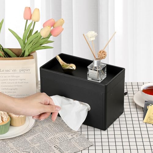 Sumnacon Tissue Box Cover with Storage Tray Rectangular Tissue Holder,Black