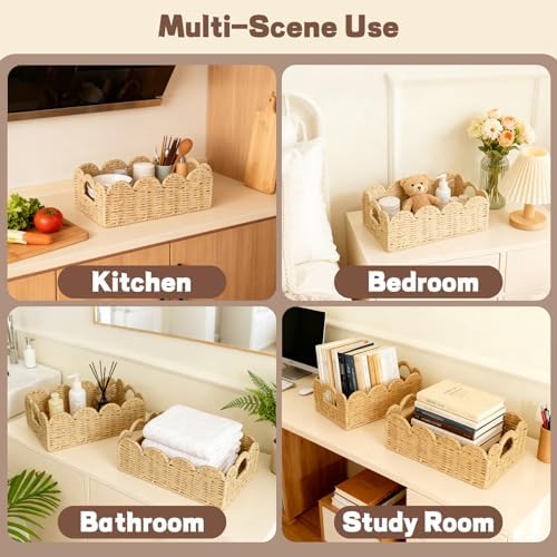 Hand Woven Paper Rope Scalloped Edge Decor Baskets for Home,Living Room, Bedroom,Storage over Above Behind Flush Tank,To