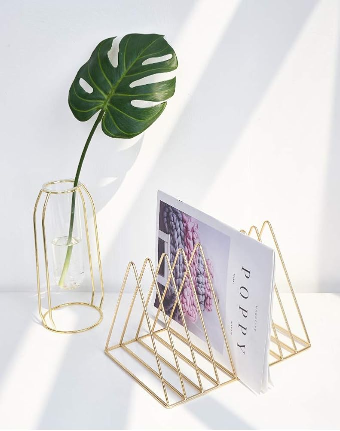 Gold Metal Vinyl Record Holder,Vertical Record Player Holder,File Organizer for Desk,Desktop File Sorters,Paper Organizer and Record Holder Stand,Triangle Upright 9 Lattice Vinyl Rack Stand,1Pack