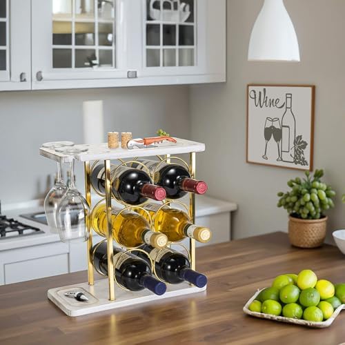 Gold Wine Rack with Glass Holder, Countertop Wooden Wine Holder for 6 Bottles & 2 Glasses, Includes Storage Trays for Co