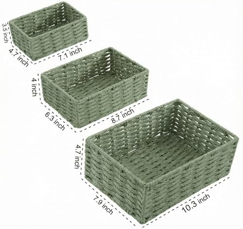 Small Wicker Basket for Organizing, Woven Storage Basket Set of 3 - Handwoven Natural Paper Rope Baskets to Declutter An