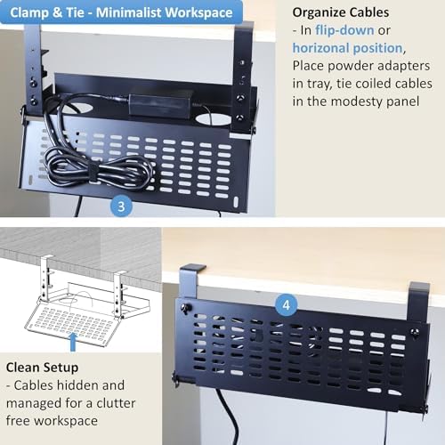 AEONS Universal Under Desk Cable Management Tray-Clamp Mount Hinged Swing Modesty Panel Organizer for Office Desks, Easy
