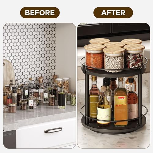 YATINEY Lazy Susan Organizer, Rotating Spice Rack, 2 Tier Spice Turntable Organizer, Industrial Turntable Spice Holder, 