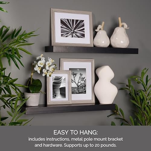MELANNCO Floating Shelves for Wall Set of 2, Black Wood Wall Shelves with Pole Mount, 23.6 x 5.17 x 1.5 in, Modern Wall 