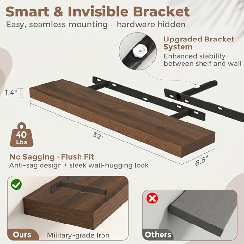 FLYJOE 32 Inch Floating Shelves for Wall Set of 2, 6.5" D Wood Grain Bathroom Shelves with Invisible Brackets, Easy Install Engineered Wood Storage Shelves for Kitchen, Living Room, Bedroom