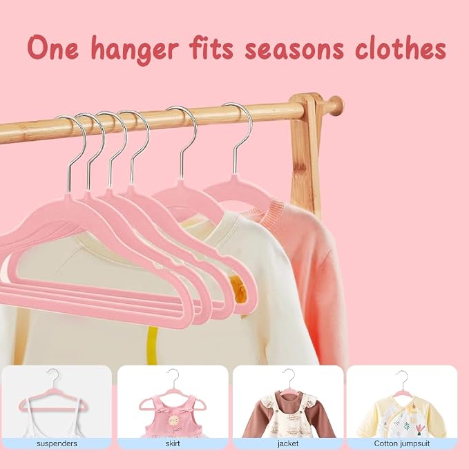 Stormix Baby Velvet Hangers 16 Pack, Kids Non-Slip Felt Hangers with Shoulder Notches, Thin Space Saving Hangers for Closet Organization, 360° Swivel Hook for Toddler's Clothes - Pink