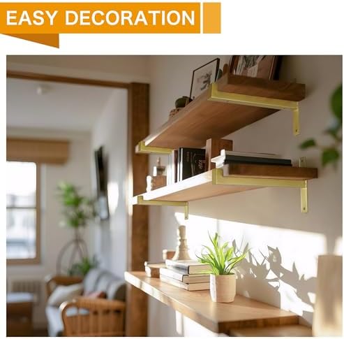 EZYDECOR 6 Pack Heavy Duty Shelf Brackets with Lip 8 Inch Gold