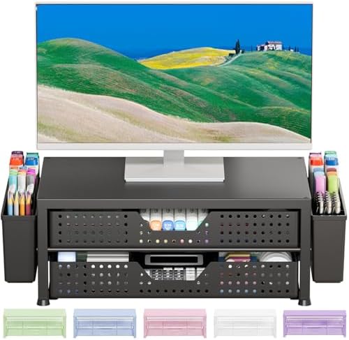 OPNICE Desk Organizer and Accessories, 2-Tier Computer Monitor Stand Riser with Drawer and 2 Pen Holders, Laptop Stand, 