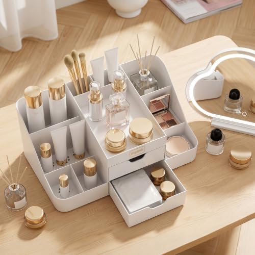 Cologne Organizer for Men with Drawers, Vanity Makeup Storage,White