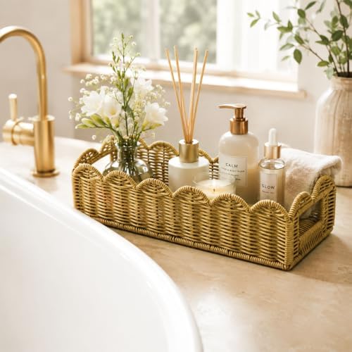 2-Piece Rattan Toilet Paper Baskets, Scalloped Edge Organizer