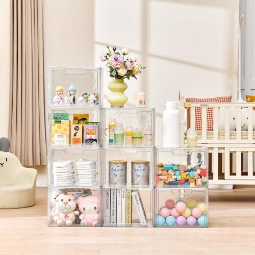 Freebat Stackable Storage Organizers, Clear Acrylic Display Case, 9-Pack Acrylic Boxes with Lids, Clear Storage Containe