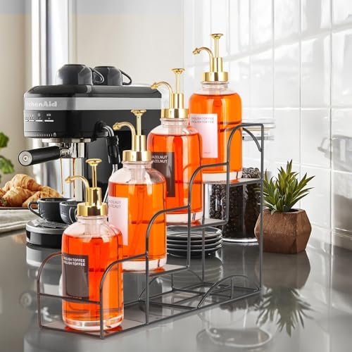 Syrup Rack for Coffee Bar Accessories, Iron 4 Compartment Bottle Organizer, Countertop Display Storage Shelf Bottle Stan
