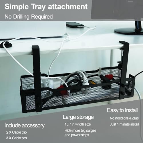 No Drill Under Desk Cable Management Tray with clamp-Premium Wire Tray Cord Organizer – Thin Steel Cable Tray Basket wit