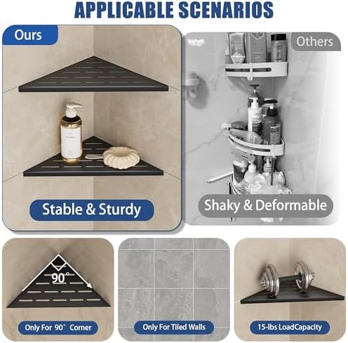 Neodrain 10 Inch Black Corner Wall Shelf for Tile Wall Insert, Set of 2
