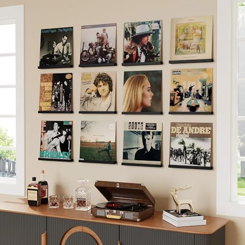 Emfogo Vinyl Record Shelf Wall Mount, 12 Pack Album Record Holder Wall, 12 inch Vinyl Record Storage Shelves Wall, Wood 