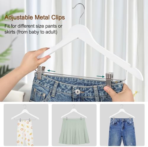 TOPIA HANGER Wooden Suit Hangers with Adjustable Metal Clips (10 Pack), Solid Smooth Wood Clothes Hangers, 360° Swivel Hook, Premium Pants Hangers for Clothes Coat, Jeans, Blouse-White,CT28W