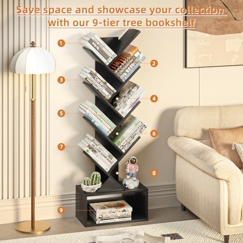SHEEPAM 9-Tier Tree Bookshelf Floor Standing Narrow Space Storage Bookcase