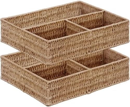 Vagusicc Wicker Divided Storage Basket, Wicker Baskets, Basket for Shelves Drawer Organizing, 3 Section Rectangular Wove