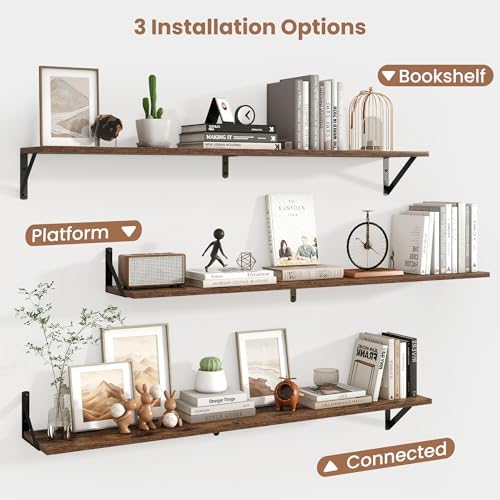 Axeman 48 Inch Floating Shelves, 8 Inch Deep Brown Wall Shelves Set of 2