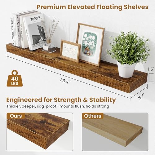 Fun Memories Floating Shelves for Room Wall, 36 Inch Long Shelf Set of 2， Hanging Wood Shelves for Storage & Display, Ru