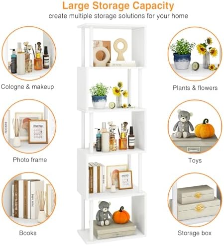 IBUYKE 6-Tier Tall Bookshelf,S-Shaped Geometric Bookcase,White WBC016W