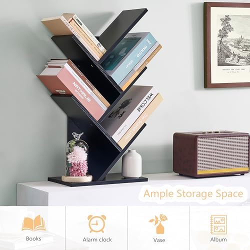 Hoctieon 4 Tier Tree Bookshelf, 4 Shelf Bookcase, Free Standing Tree Bookcase, Display Floor Standing Shelf for Books, B
