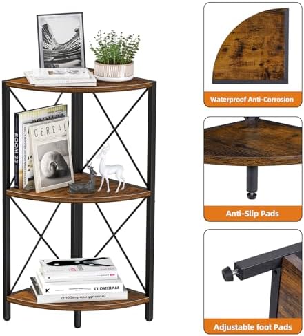 Snughome Corner Shelf with Metal Frame, 3 Tier Rustic Corner Storage Organizer, Freestanding Corner Bookshelf Stand Disp