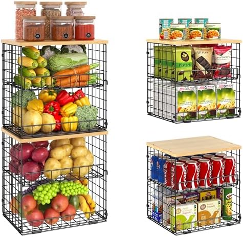 4 Pack Stackable Wire Baskets for Pantry Organizers and Storage, Pantry Baskets with Fixed Wooden Top, Fruit and Vegetab