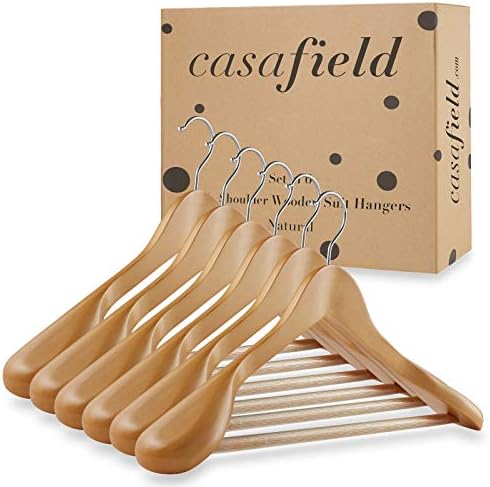 Casafield - 6 Natural Wide Shoulder Wooden Suit Hangers - Premium Lotus Wood, Non-Slip Pant Bar & Chrome Swivel Hook for Dress Clothes, Coats, Jackets, Pants, Shirts, Skirts