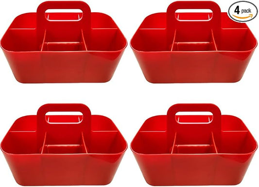 Small Stackable Plastic Caddy with Handle 6 Compartment | Desk, Makeup, Dorm Caddy, Classroom Art Organizers - 4 Pack, Made In USA (Red)